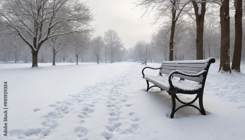 Serene winter landscape featuring a snow-covered park bench amidst falling snowflakes in a quiet urban area Serene winter landscape featuring a snow-covered park bench amidst falling snowflakes in a quiet urban area