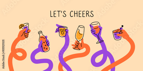 Multicolored hands holding glasses. Cheers human arms gesture. Drink with friends. Bar party time. Celebration process. Alcohol beverage. Long curve tangled limbs. Garish vector concept