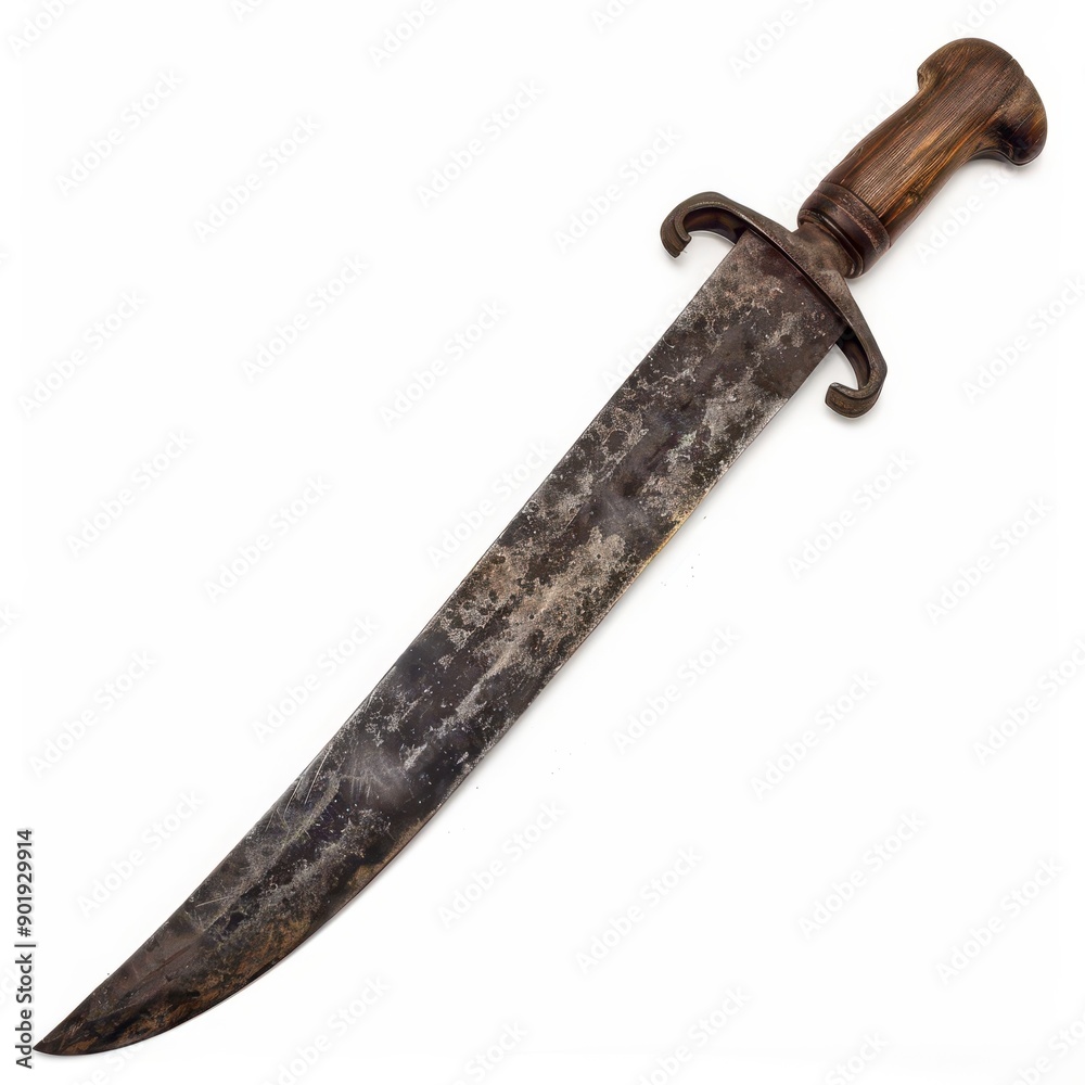 Old Rusty Dagger With Intricate Design and Wooden Handle Displayed on a White Background Old Rusty Dagger With Intricate Design and Wooden Handle Displayed on a White Background