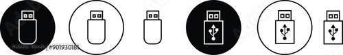 USB icon set. Flash disk flash drive flat and line black vector collection isolated on transparent background. Internet video. Console media storage, Computer Technology, charger, data transfer sign.