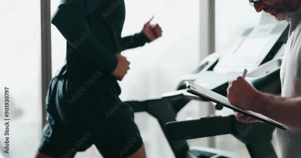 Personal trainer, treadmill and man training for health, wellness and fitness with advice from professional. Gym, physiotherapist and athlete with coach for workout progress, support and motivation