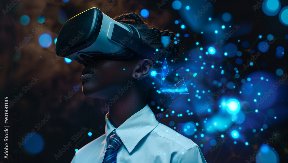 Young african school girl engaged in virtual reality with holographic data visualizations in dark space Young african school girl engaged in virtual reality with holographic data visualizations in dark space