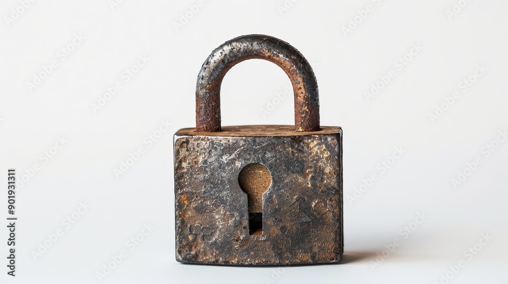 A padlock intended for securing a house or storing valuable items, presented against a white background A padlock intended for securing a house or storing valuable items, presented against a white background