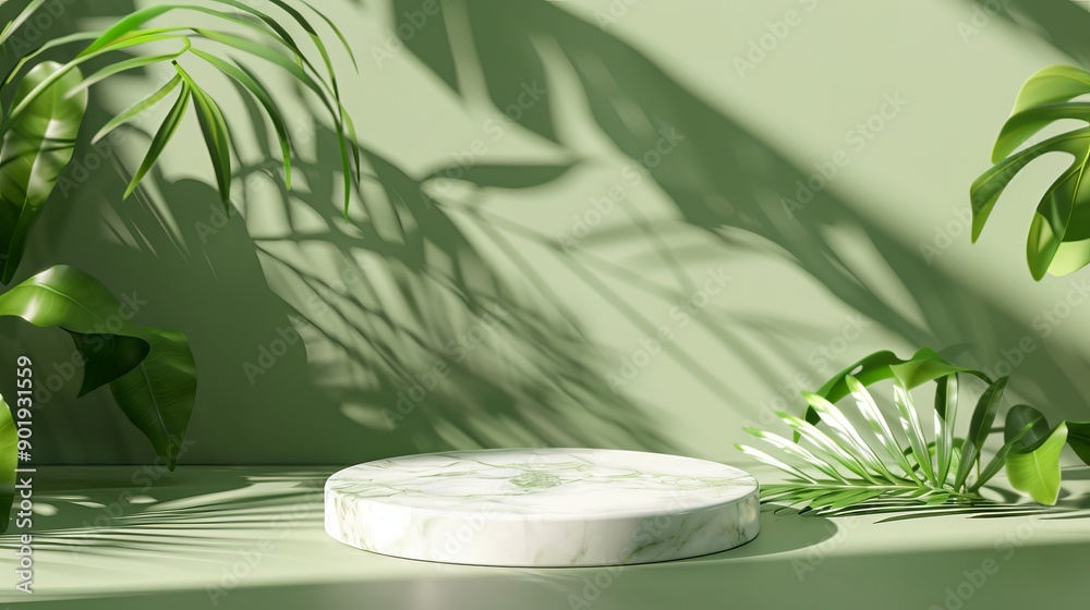 A round marble podium set against a green background, designed as an eco-friendly beauty product mockup scene. The setup features a top view with soft shadows A round marble podium set against a green background, designed as an eco-friendly beauty product mockup scene. The setup features a top view with soft shadows