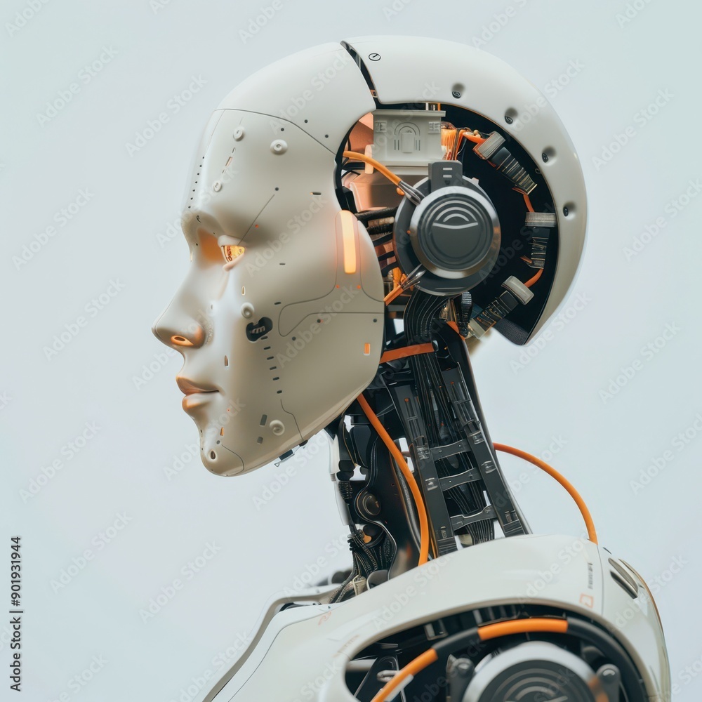 Futuristic Robot Concept Displaying Advanced Technology and Human-Like Features in Modern Art Installation Futuristic Robot Concept Displaying Advanced Technology and Human-Like Features in Modern Art Installation