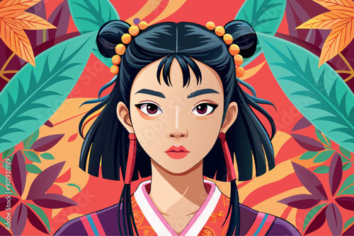 Illustration of beautiful asian girl on the colorful background