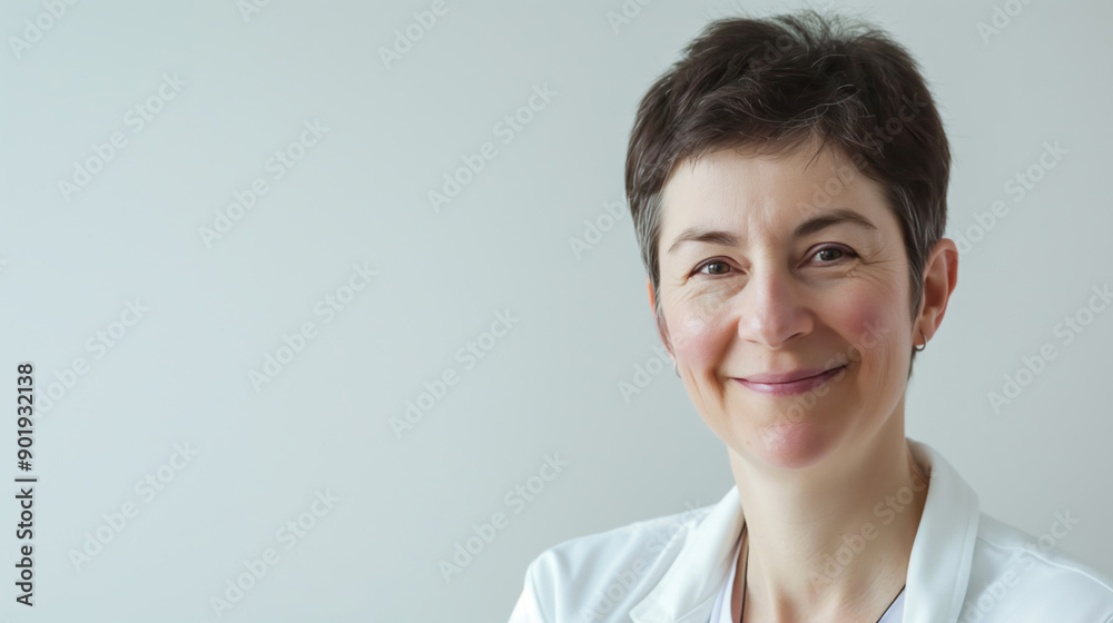 Confident mature female doctor smiling in white coat, exuding professionalism and trustworthiness in medical field. Background is simple white studio setting Confident mature female doctor smiling in white coat, exuding professionalism and trustworthiness in medical field. Background is simple white studio setting