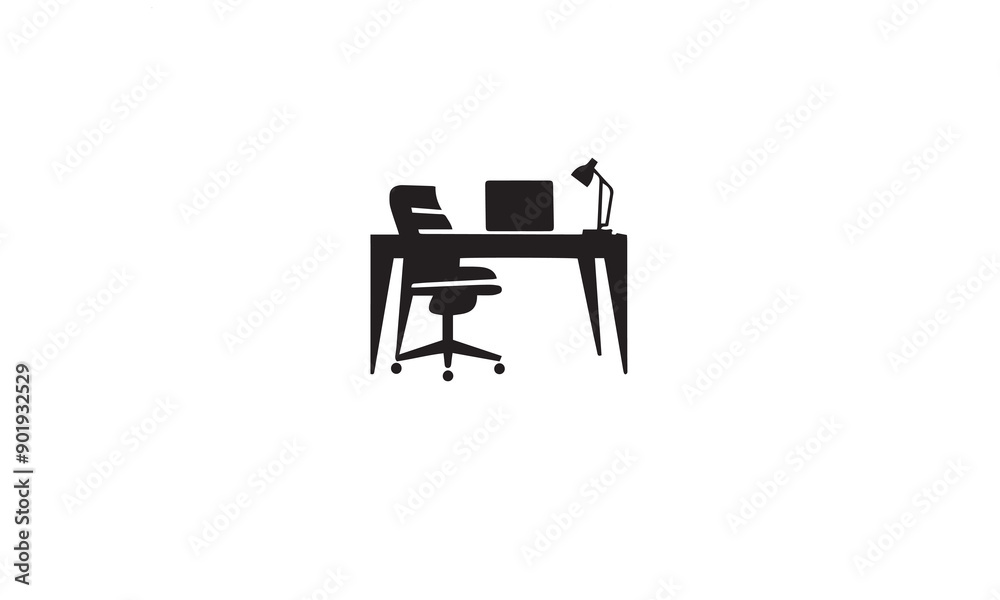Office workplace,Man working on laptop at desk vector logo design black simple flat icon on white background Office workplace,Man working on laptop at desk vector logo design black simple flat icon on white background