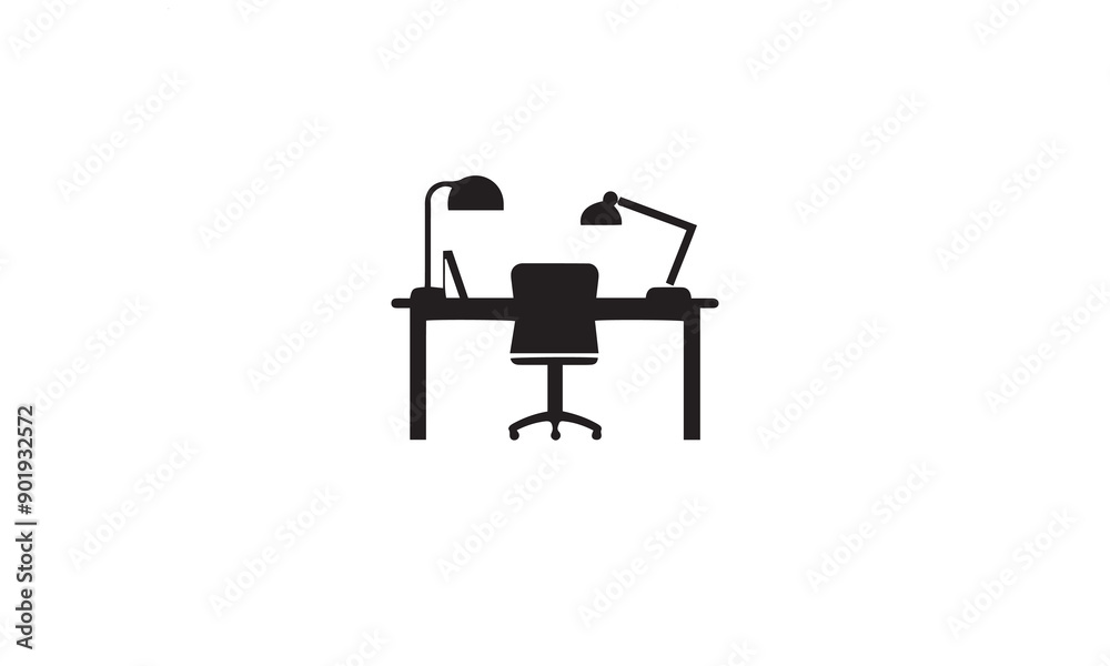 Office workplace,Man working on laptop at desk vector logo design black simple flat icon on white background Office workplace,Man working on laptop at desk vector logo design black simple flat icon on white background