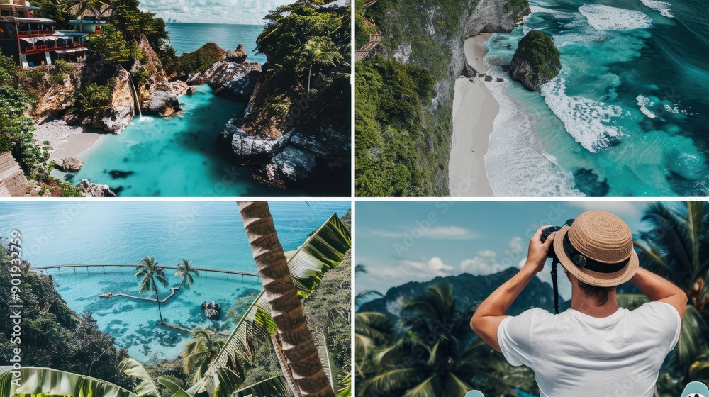 Fototapeta premium Collage of diverse smart tourism activities such as an online booking, a photography portfolio, and a travel blog