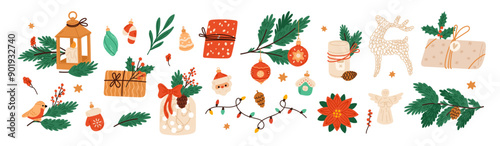 Cartoon Christmas tree decorations. Conifer branches. Winter holiday accessories. Glass ball toys on coniferous sprigs. Merry Xmas celebration. Gift boxes. Festive candle. Garish vector set