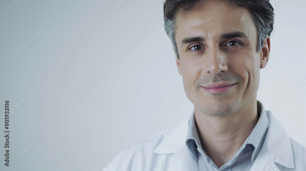 Smiling male doctor in a lab coat on a white background exudes warmth and professionalism, conveying trust and care with his confident expression and friendly demeanor Smiling male doctor in a lab coat on a white background exudes warmth and professionalism, conveying trust and care with his confident expression and friendly demeanor