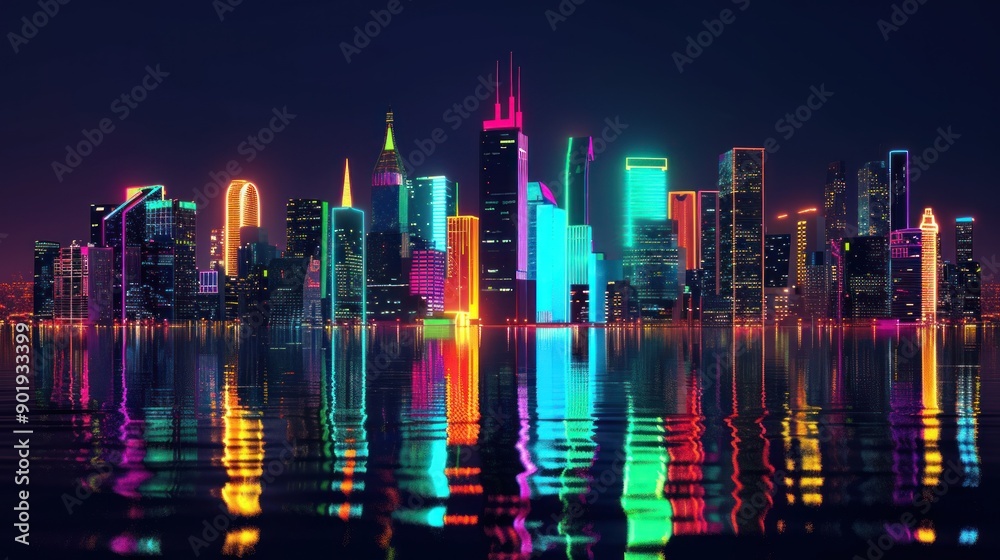 Fototapeta premium Neon Cityscape by the Water