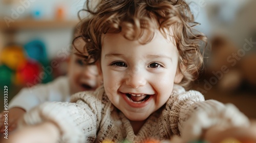 A young child with curly hair smiles broadly while playing with brightly colored toys. The warm lighting and cheerful expression add to the joy and innocence captured in this moment.