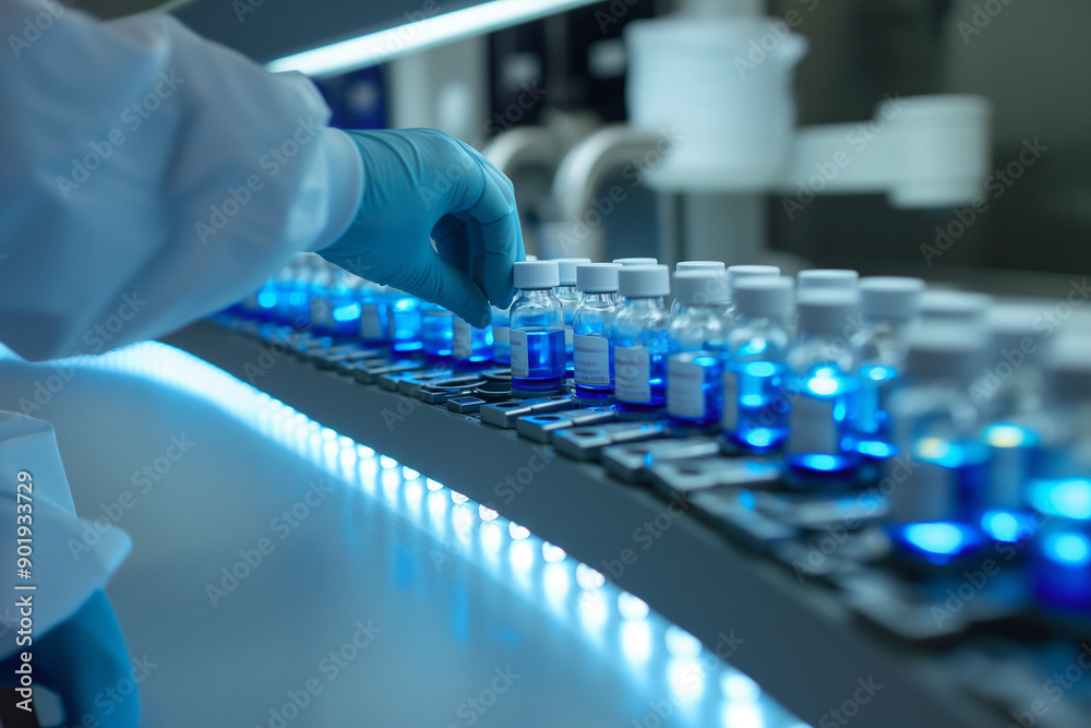 Worker organizing vials of blue liquid in advanced laboratory equipment with illuminated lighting Worker organizing vials of blue liquid in advanced laboratory equipment with illuminated lighting