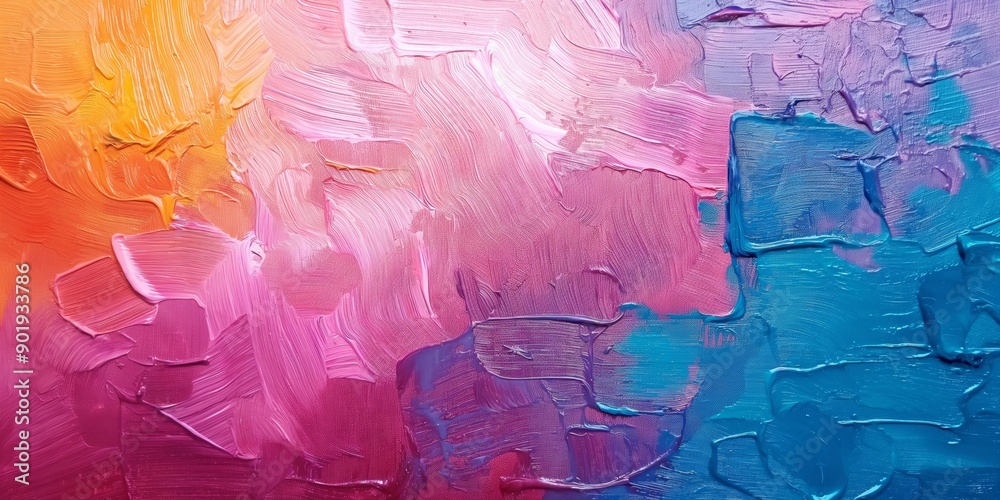 A painting with a lot of colors and brush strokes. The painting is a mix of blue, pink, and yellow. The colors are bright and bold, giving the painting a lively and energetic feel A painting with a lot of colors and brush strokes. The painting is a mix of blue, pink, and yellow. The colors are bright and bold, giving the painting a lively and energetic feel