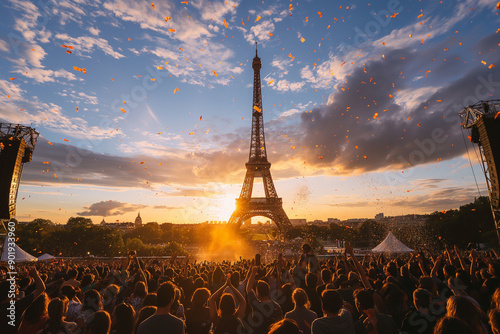 Crowd cheers during sunset at open air concert by the eiffel tower photo