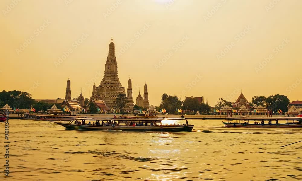 Wat Arun Temple at Sunset, Bangkok - river, landmark, travel, tourism, cultural, historic, architecture, skyline, water, scenic, heritage
