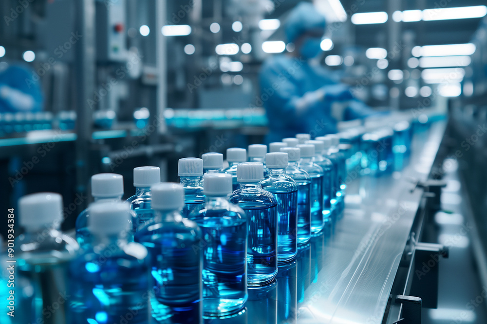 Close-up view of industrial factory line with medical staff filling vials in soft lighting Close-up view of industrial factory line with medical staff filling vials in soft lighting