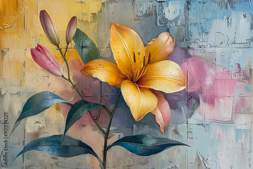 Yellow lily flower against square shaped oil painting abstract background. Wallpaper cover design. 