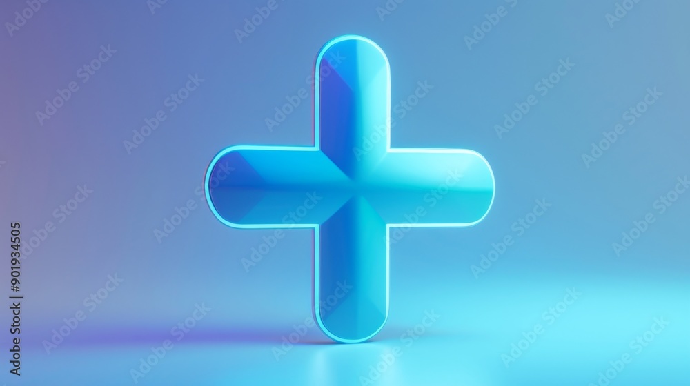 Fototapeta premium Blue plus sign on gradient background, 3D rendering. Futuristic technology and digital concept