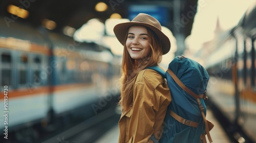 happy young woman in hat and backpack standing on platform of train at station