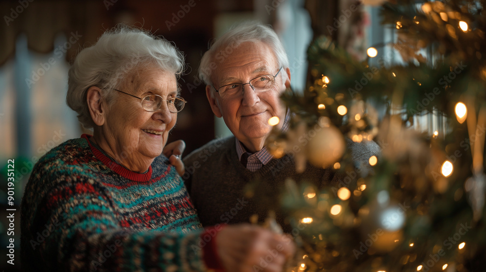 happy senior couple decorating christmas tree at home , smiling elderly couple with christmas tree on new year happy senior couple decorating christmas tree at home , smiling elderly couple with christmas tree on new year