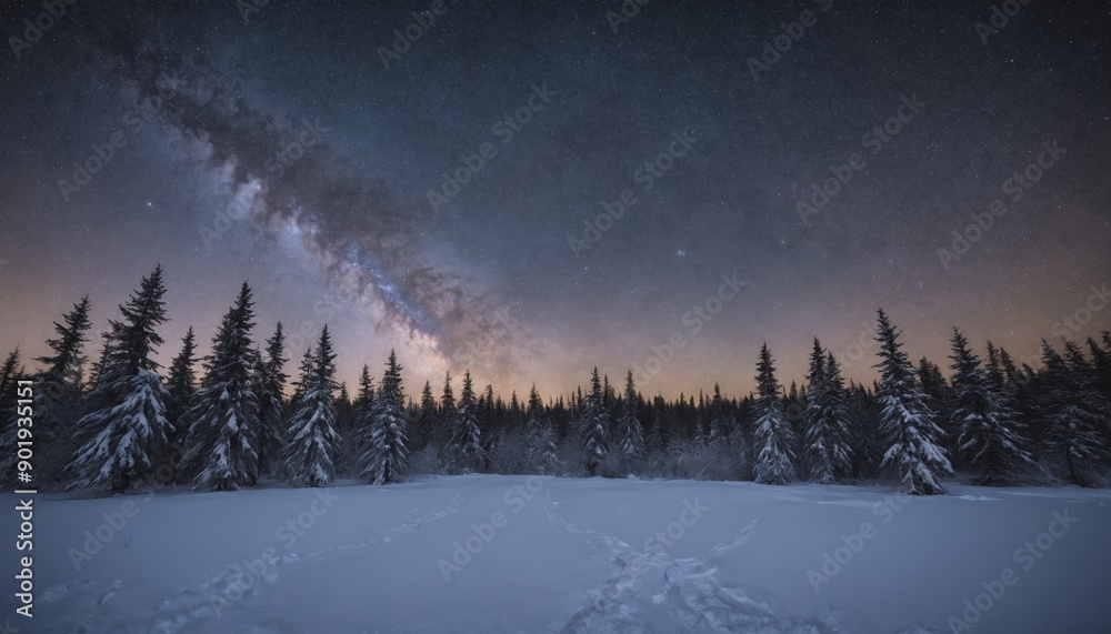 Fototapeta premium Enchanting winter night under a star-studded sky in a snowy forest