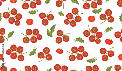 Colorful seamless pattern with tomato branches and leaves.Ripe juicy fruits whole and halves.Botanical background with garden or farm harvest.Print on fabric and paper.Vector illustration on white. 