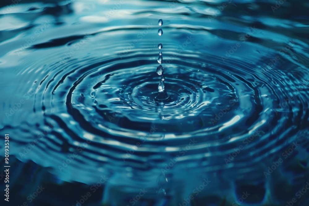 Close-up of a single water droplet creating ripples in tranquil blue water Close-up of a single water droplet creating ripples in tranquil blue water