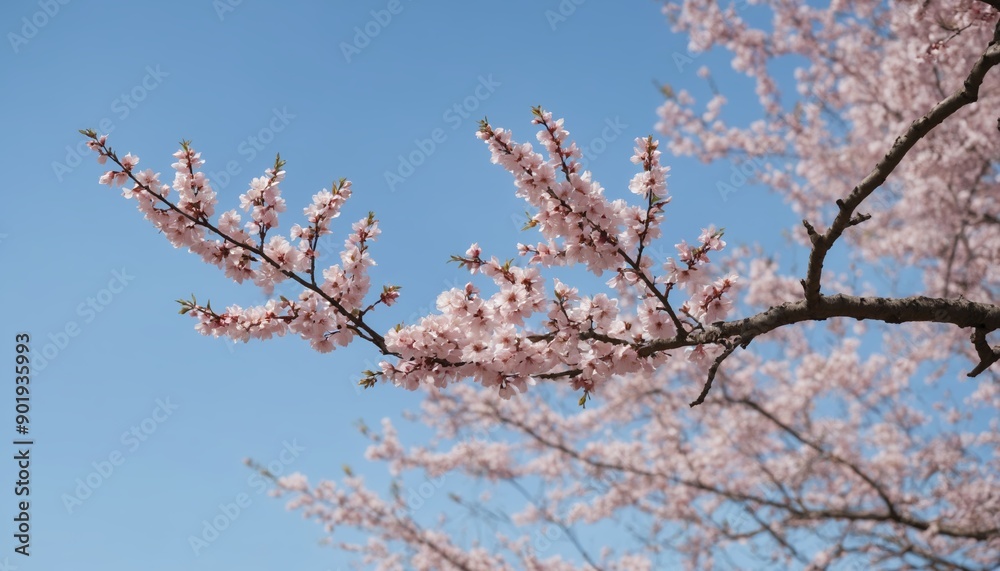 Cherry blossom branches blooming under a clear blue sky in early spring Cherry blossom branches blooming under a clear blue sky in early spring