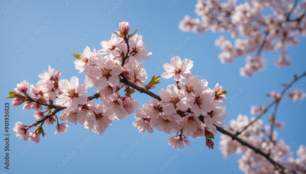 Cherry blossom branches blooming under a clear blue sky in early spring