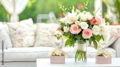 A beautifully arranged floral centerpiece sits on a white outdoor couch, surrounded by lush greenery and a peaceful lake view in bright daylight