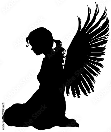 angel with wings kneeling, silhouette in black, isolated 