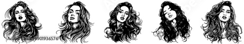 Set of five portraits of women with long hair, in black, isolated 