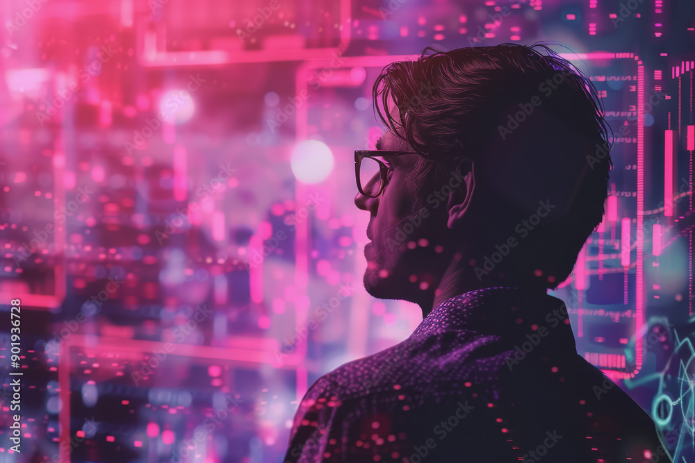 A professional man analyzing data trends with expertise against a solid ruby background. A professional man analyzing data trends with expertise against a solid ruby background.