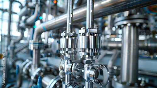 matrix of mixproof separation valves in modern food or chemical factory isolated on white background, space for captions, png © Anton