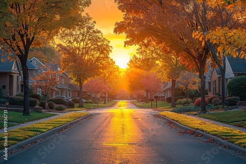 A street with houses on both sides and a tree in the middle