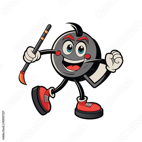 Vector Hockey puck comic character with arms, legs, skates and a ice hockey stick Clipart illustration On a White Background