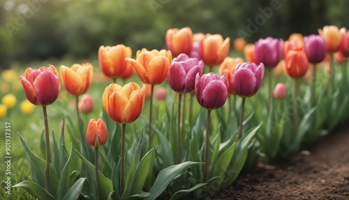 Fototapeta Naklejka Na Ścianę i Meble -  Vibrant tulip garden in full bloom during a sunny spring afternoon
