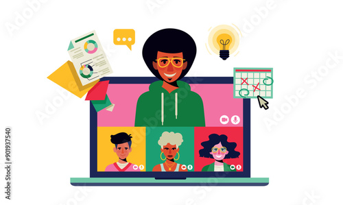 team colleagues video call, meeting zoom on an opened laptop. People connecting together, Stream, web chatting. Vector illustration on a white background. 