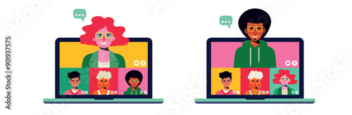 team colleagues video call, meeting zoom on an opened laptop. People connecting together, Stream, web chatting. Vector illustration on a white background. 