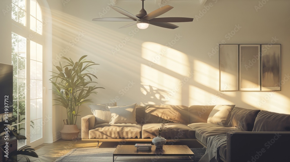 Naklejka premium a comfortable living room in white with a fan hanging from the ceiling