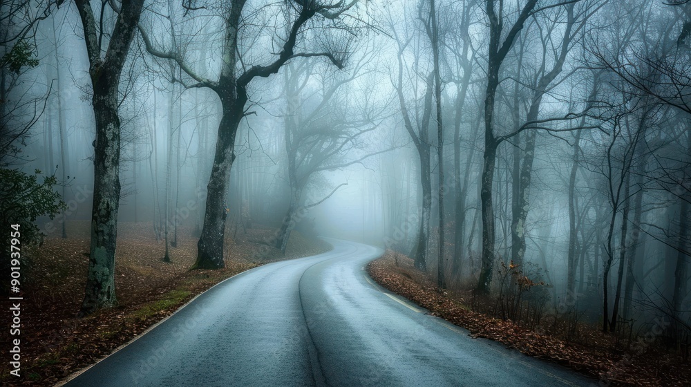 Road winding through misty forest creating mysterious and tranquil landscape journey through nature with trees shrouded in fog evoking sense of adventure perfect for travel and outdoor photography Road winding through misty forest creating mysterious and tranquil landscape journey through nature with trees shrouded in fog evoking sense of adventure perfect for travel and outdoor photography