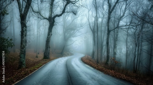 Road winding through misty forest creating mysterious and tranquil landscape journey through nature with trees shrouded in fog evoking sense of adventure perfect for travel and outdoor photography