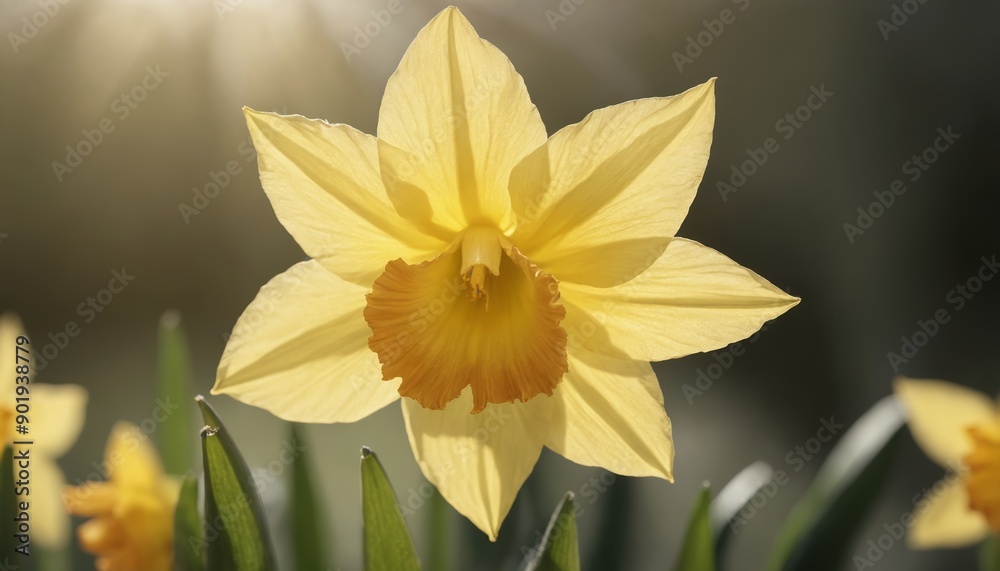 Obraz premium Golden daffodil blossoms bathed in warm afternoon light at a tranquil garden