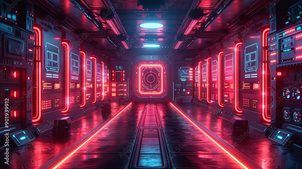 A futuristic space with neon lights and a glowing red wall A futuristic space with neon lights and a glowing red wall