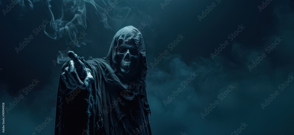 Grim Reaper in Smoke and Shadows with copy space, used for halloween advertising. Grim Reaper in Smoke and Shadows with copy space, used for halloween advertising.