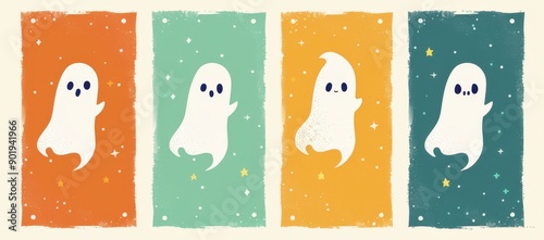 Cartoon illustration ghosts with stars and colorful backgrounds, social media story background set, used for Halloween advertising.
