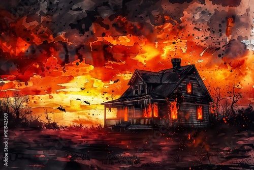 A house is on fire with a sunset in the background